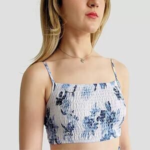 NWT Fifteen Twelve Blue White Floral Smocked Crop Tank Top Junior's Size XL